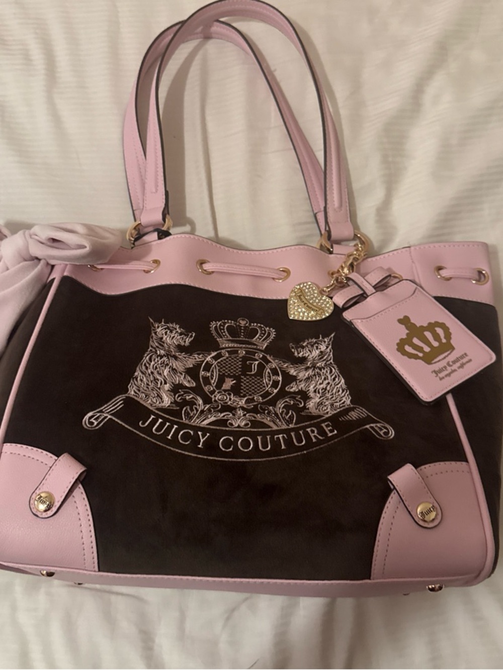 Juicy Couture Pink and Brown Crest Tote with Charm